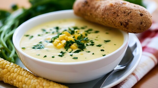 Creamy corn soup garnished with fresh parsley and kernels  served in a white bowl with a rustic bread roll beside