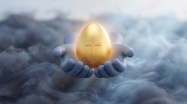 Hands holding a glowing golden egg with a cross symbol in mystical clouds
