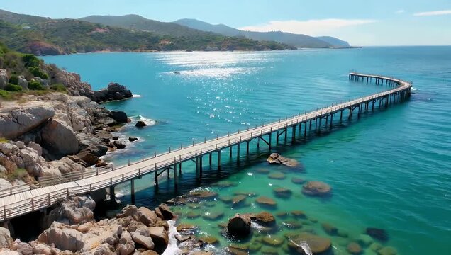 Breathtaking 4K aerial view drone stock footage of a rustic wooden deck dramatically extending out over a rocky shoreline contrasting beautifully with the clear brilliant turquoise waters of Crete