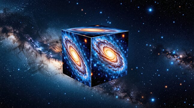 Glowing cube floats in vast dark space filled with bright stars. Surreal geometric block features spiral galaxy patterns on sides. Cosmic object shines against infinite black background of deep