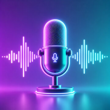 Neon retro studio microphone with glowing audio waveforms for podcasting and music production