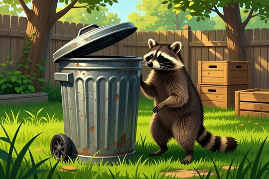 Raccoon stands by open rubbish can in grassy backyard. Animal looks for food near wooden fence and crates. Urban wildlife explores suburban garden during daylight hours. Nature scene.