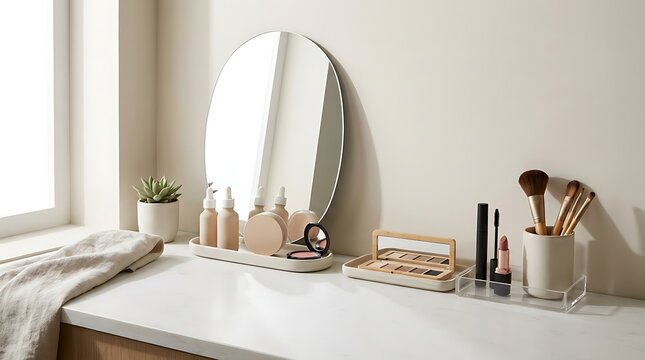 Round mirror and makeup tools on a clean dressing table by a bright window. beginner makeup guide