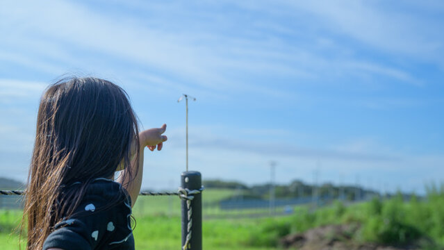 東北の牧草地で柵に止まったトンボを指差す少女の後ろ姿｜好奇心あふれる子供時代の一コマ/Girl pointing at a dragonfly perched on a rustic rope fence post in the countryside of Tohoku, Japan