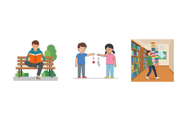 Fototapeta premium Set of vector illustrations featuring children reading books, playing with toys, and library activities
