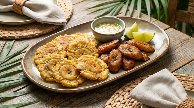 Fried plantain slices and tostones served on a green plate with lime sauce on a wooden table. Cuban Cuisine
