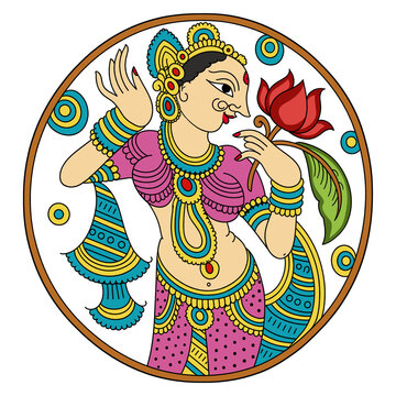 Traditional Indian Folk Art Woman Holding Red Lotus with Decorative Floral Motifs.....