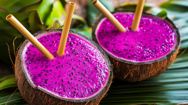Tropical magenta fruit blend with seeds in natural coconut halves, with bamboo straws on green leaves
