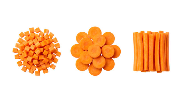 A vibrant display of diced sliced and stick cut carrots showcasing versatile preparation methods for this nutritious root vegetable in culinary applications