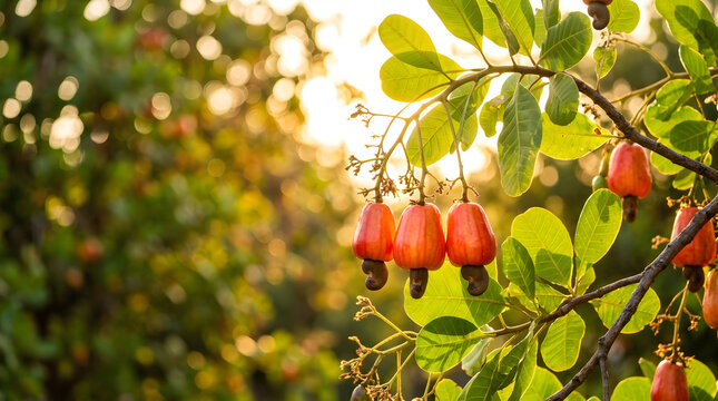 Close up of ripe red cashew apples hanging on a tree branch. Tropical fruits and nuts backlit by warm sunlight with bokeh background