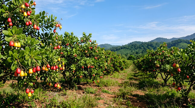Rows of cashew trees with red and yellow fruits in a tropical orchard. Agricultural landscape of a plantation with mountains and blue sky