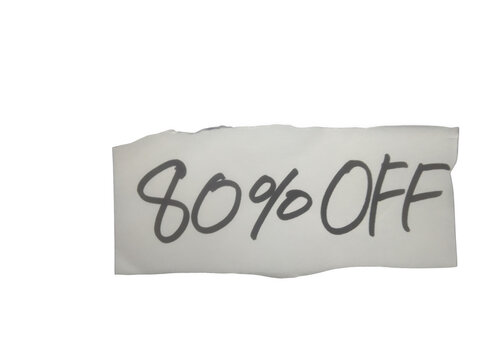 Handwritten 80 percent off text on a torn piece of paper isolated on transparent background