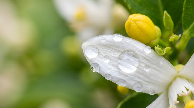 Macro close up of clear water droplets on a white lemon blossom petal. Detailed view of citrus flower with yellow bud and blurred green leaves