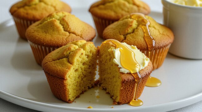 Baked yam muffins on white plate with melted butter plus golden honey drizzle. Homemade pastries soft moist texture for breakfast. Sweet dessert snack sits ready to eat. Fresh bakery food treat for