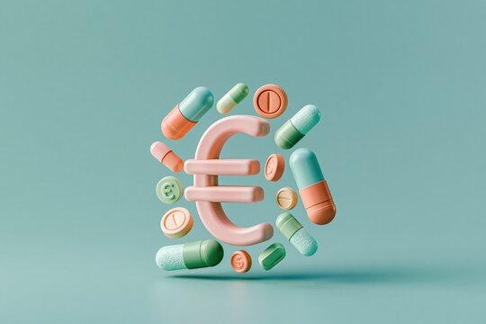 3D Render of Euro Symbol Surrounded by Pharmaceutical Pills and Coins Illustrating Healthcare Costs and Economy