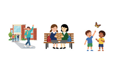 Happy School Children and Students Characters Set Doing Outdoor Activities and Friendship Illustration