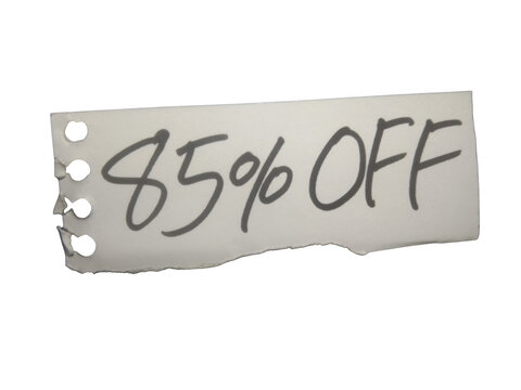 A paper note with eighty five percent off written in black handwriting isolated on transparent background