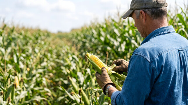 Male farmer inspecting a fresh ear of corn in a field. Agricultural worker peeling yellow sweetcorn husks. Summer harvest concept