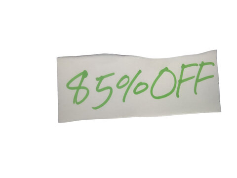 Green handwritten text note saying eighty five percent off for retail sales isolated on transparent background