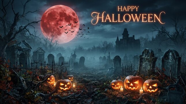 Halloween background with spooky graveyard pumpkin and red moon