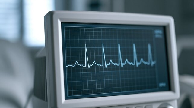 Close-up of a medical monitor displaying a healthy heart rhythm waveform on a blue digital screen in a hospital setting.