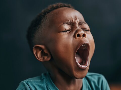 Close-up of a young Black child yawning widely, eyes shut, conveying extreme tiredness and exhaustion
