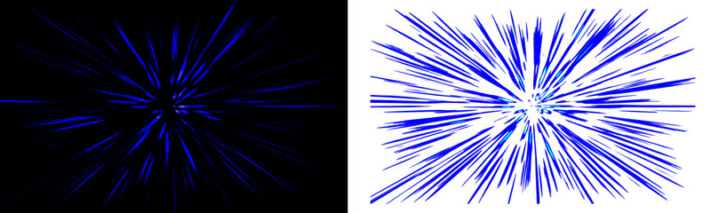 Obraz premium Abstract dual composition featuring blue light streaks radiating from a center point on high contrast black and white backgrounds for design