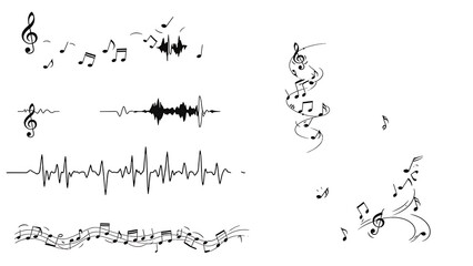 Fototapeta premium Musical notes staff lines and audio frequency wave vector design set