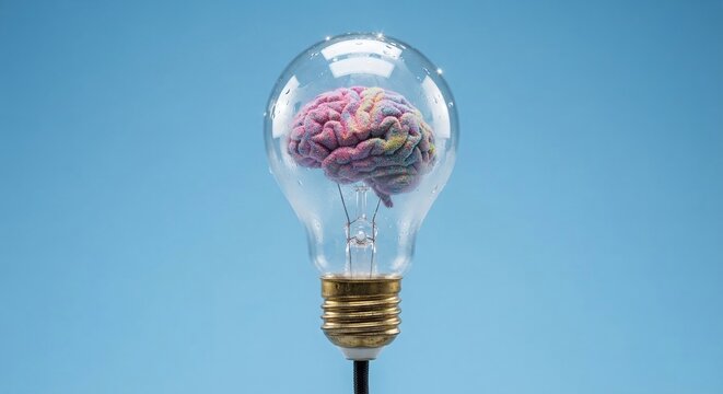 Light bulb containing a colorful brain inside representing idea and creativity on blue background