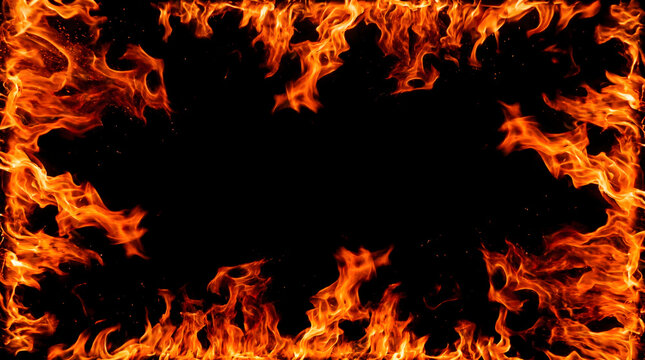 Dramatic orange fire flames border framing a central dark copy space for hellish themes