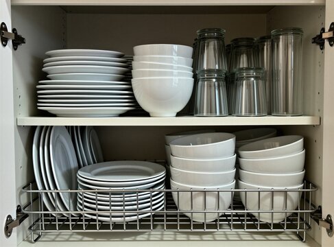 Neatly stacked white plates bowls and glasses fill kitchen cabinet shelves. This tidy dishware storage shows clean ceramic ware ready for use in home meal prep or serving guests.