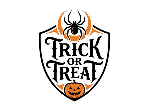 Halloween trick or treat shield logo with spider and jack o lantern