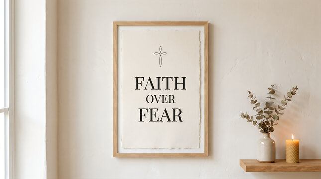 Elegant minimalist wooden frame containing vertical white paper featuring spiritual faith over fear typography art displayed on a textured plaster wall interior with glowing candle and dried