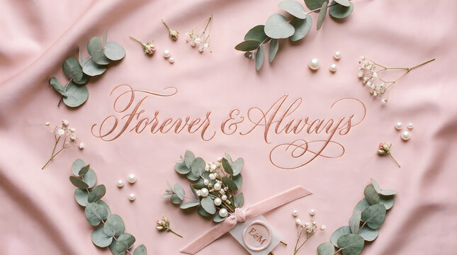 Forever and always elegant typography text displayed on soft pink fabric background decorated with delicate eucalyptus branches white baby breath flowers and shimmering pearls for a romantic wedding s