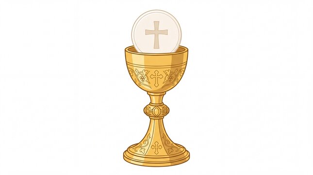 Golden communion chalice with sacred wafer inside detailed religious illustration shown isolated on white background