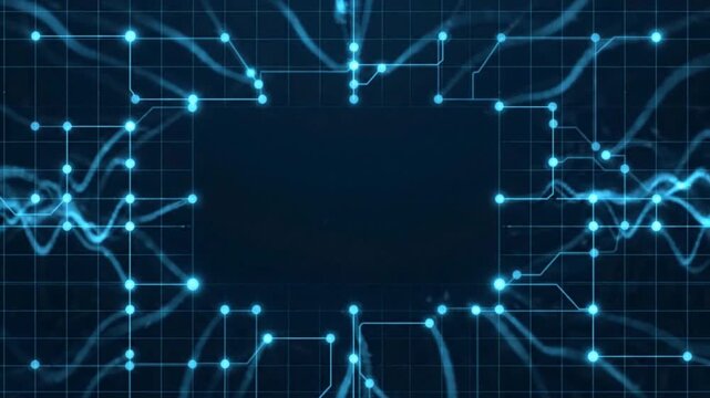 Futuristic blue digital circuit board background with glowing nodes and network connections forming an empty center frame