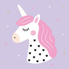 Cute pastel unicorn head illustration with pink mane, magical horn, closed eyes, hearts and stars on a lavender background. Whimsical fantasy design for kids, nursery decor, cards and print © yuliabikirova