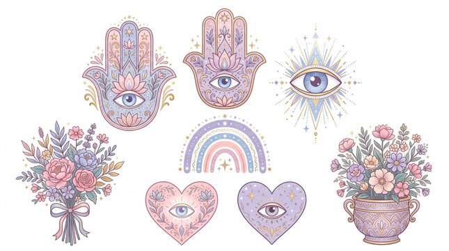 Decorative hamsa hand symbols with floral bouquets and magical heart designs isolated on white background