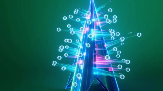 Futuristic 3D neon Christmas tree emitting glowing particles and light beams on green background 4k HD video 