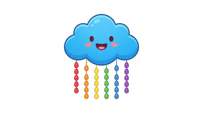 Happy blue cloud character with colorful rainbow beaded rain drops illustrated style on white background