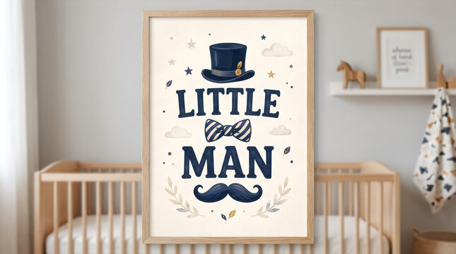 Little man nursery wall art print featuring a navy blue top hat and mustache illustration inside a wooden frame displayed beautifully above a modern baby crib in a cozy room