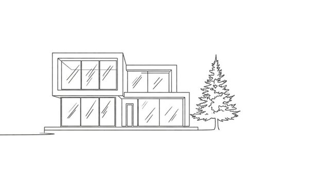 Continuous one line drawing of modern minimalist two story house with pine tree