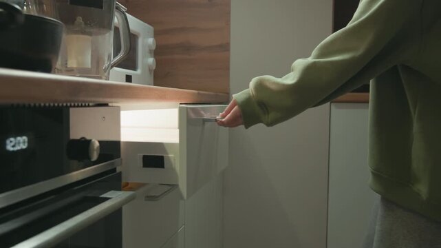 Cropped view of person wearing green sweater reaching to pull out lower drawer beside stainless steel oven, with hand on handle, wooden countertop, white cabinet, and tidy modern kitchen interior