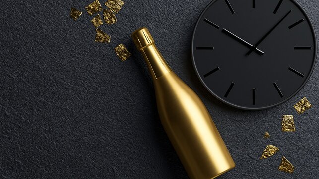 Golden champagne bottle rests beside minimalist black clock, scattered gold flakes on textured dark surface