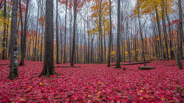 Vibrant red autumn leaves blanket the forest floor beneath tall trees, some still adorned with yellow and orange foliage
