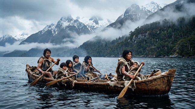 A tribe of indigenous people navigates a calm lake in a handcrafted canoe, surrounded by majestic snow-capped mountains and dense pine forests, embodying a primal connection to nature.