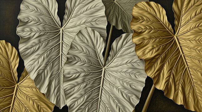 Close-up of large elephant ear leaves in beige and gold hues. Intricate vein patterns show detailed texture. Dark background contrasts with natural plant forms. Elegance in botanical detail.