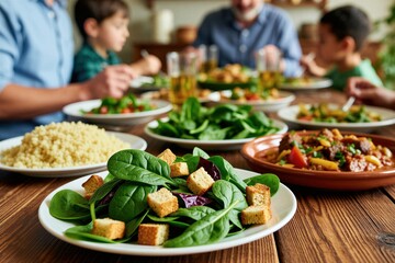 Obraz premium Happy multi generation family sits at home wooden table for lunch together. People enjoy healthy dinner with fresh spinach salad couscous meat dishes. Smiling parents, kids eat nutritious meal