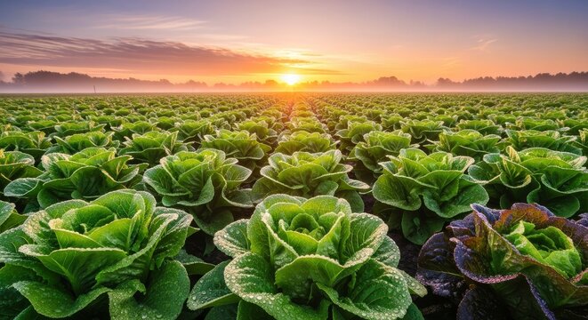 Fresh Green Lettuce Field at Sunrise with Morning Dew Drops, Organic Agricultural Harvest Background