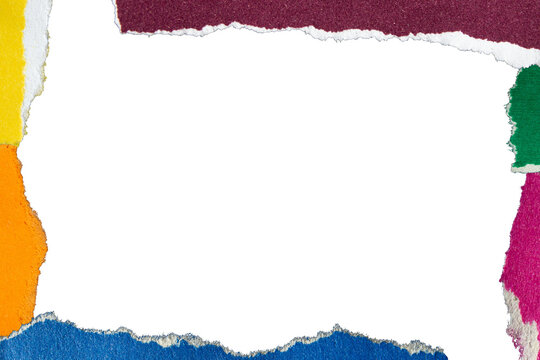 Colorful ripped paper pieces creating an abstract border, frame, or texture with a transparent background